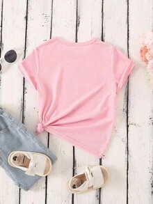 Young Girls' Minimalist Printed Round Neck Basic Short Sleeve T-Shirt - Pink - View 6