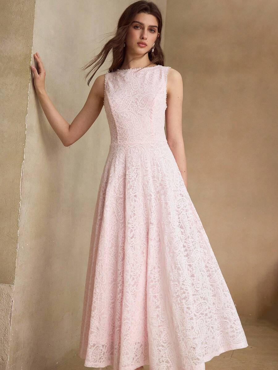 MOTF PREMIUM WOMEN'S LACE FAUX PEARL BEADED LONG DRESS - Pink - View 1