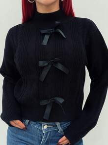 Bearsaez 女士舒适蝴蝶结纹理长袖套头毛衣，冬季针织套头衫 - 黑色 - 查看 6