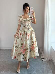 Elenzga Floral Print Petal Sleeve Ruffle Hem Waist Cinched Mini Dress - Pink - View 3
