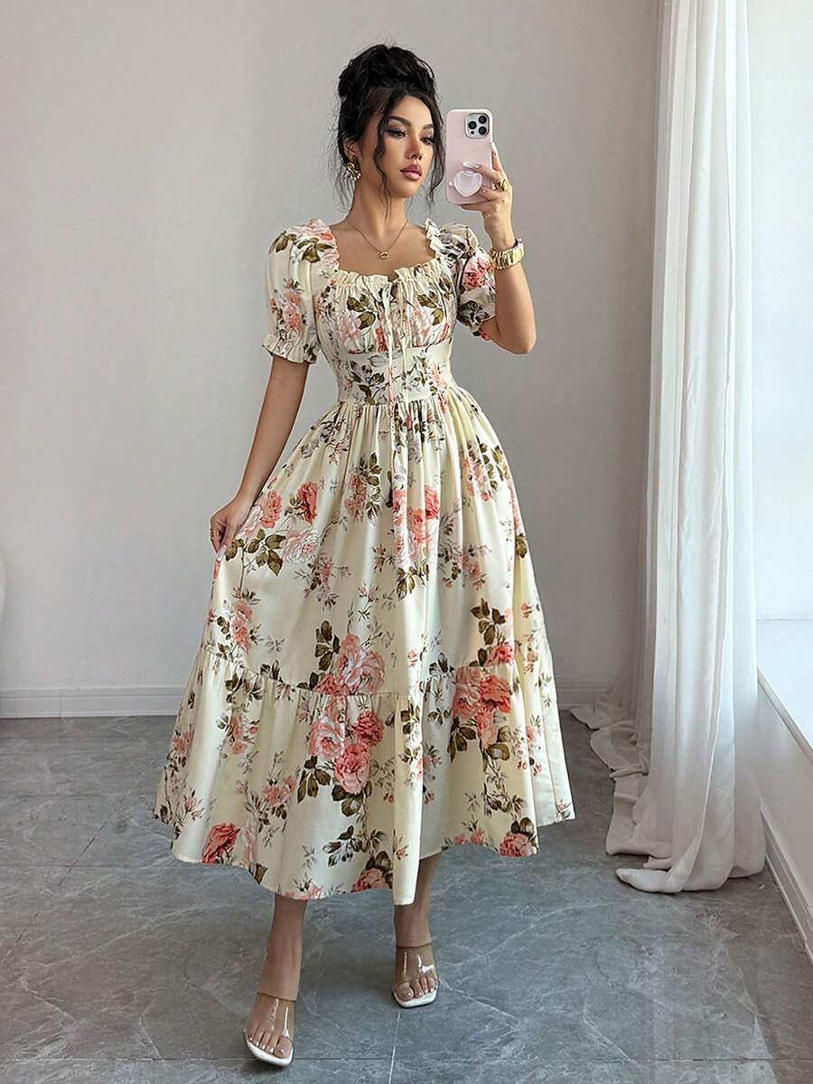 Elenzga 花卉印花花瓣袖荷叶边下摆收腰迷你连衣裙 - 粉色 - 查看 1