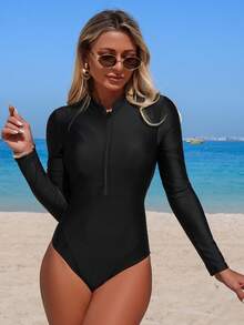 Swim Mulvari Bộ 2 món đồ bơi liền thân dài tay màu đen trơn, kiểu dáng mới mùa xuân/hè, có khóa kéo, ôm sát và váy ngắn, thích hợp cho nữ đi biển hoặc nghỉ dưỡng. - màu đen - Xem 5