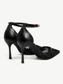 CUCCOO CHICEST 女士尖头网眼黑色踝靴，镶钻装饰，性感时尚细高跟凉鞋 - 黑色 - 查看 5