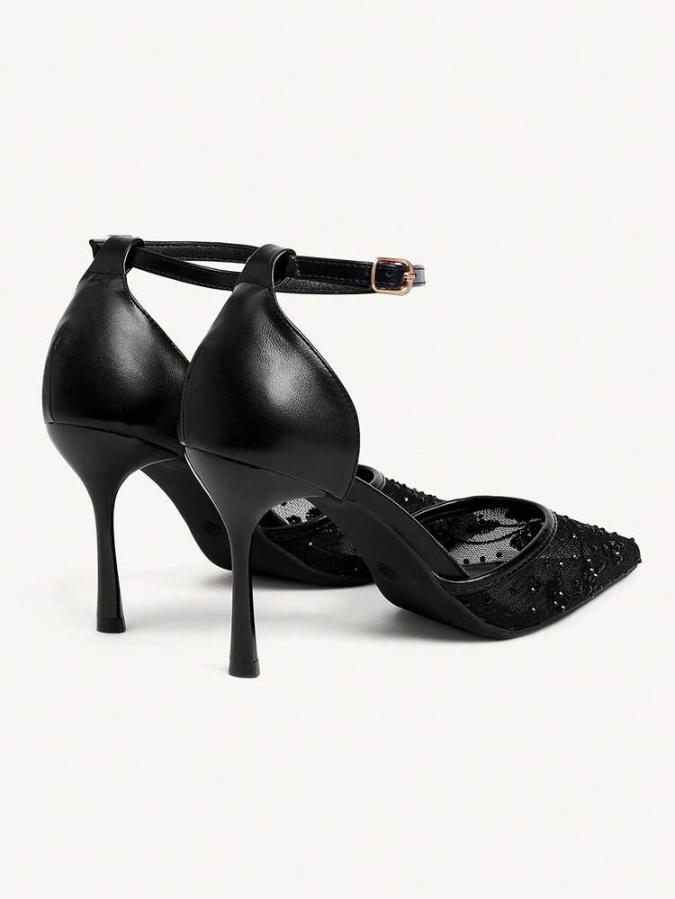 CUCCOO CHICEST Women's Shoes Pointed Mesh Black Ankle With Rhinestone Decoration Sexy Style Wear Fashion Stiletto High Heel Sandals Wedding Shoes Summer Shoes Bride Shoes