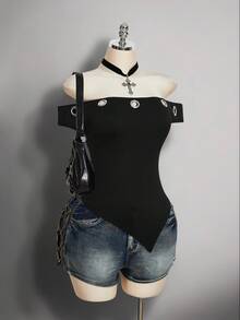 SHEIN ICON Plus Size Off-Shoulder Metal Grommet Decor Knit Short Sleeve Top, Autumn Y2K Retro Fashion Knit Blouse - Black - View 9