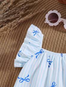 Baby Girl Summer Cute Blue & White Striped Bow Ruffle Trim Romper - Mint Blue - View 5