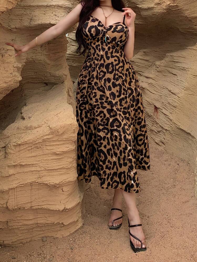 Women's Elegant Leopard Print Sleeveless Mid-Length Dress, Summer,Wedding Guest Dress Women Sundress