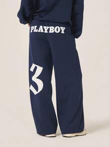 Missguided x Playboy 女士印花阔腿运动裤，藏蓝色，慢跑裤，饰有兔子图案标志，休闲抽绳腰带 - 藏蓝色 - 查看 2