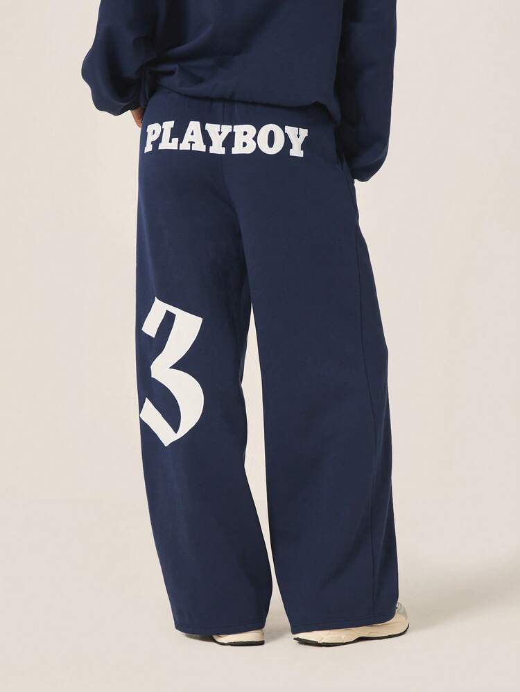 Missguided x Playboy Women's Graphic Wide Leg Sweatpants Navy Blue Joggers With Bunny Logo Print Casual Drawstring Waistband