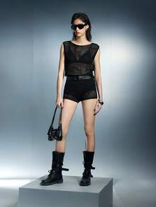 Airlisse Coffee Hollow-Out Knit Pullover Top, Suitable For Spring And Summer - Black - View 3