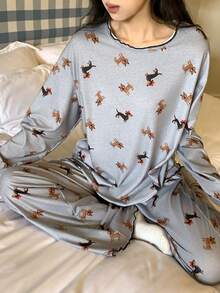 DAZY Happy Dog Print Loose Women Pajama Set - Grey - View 1