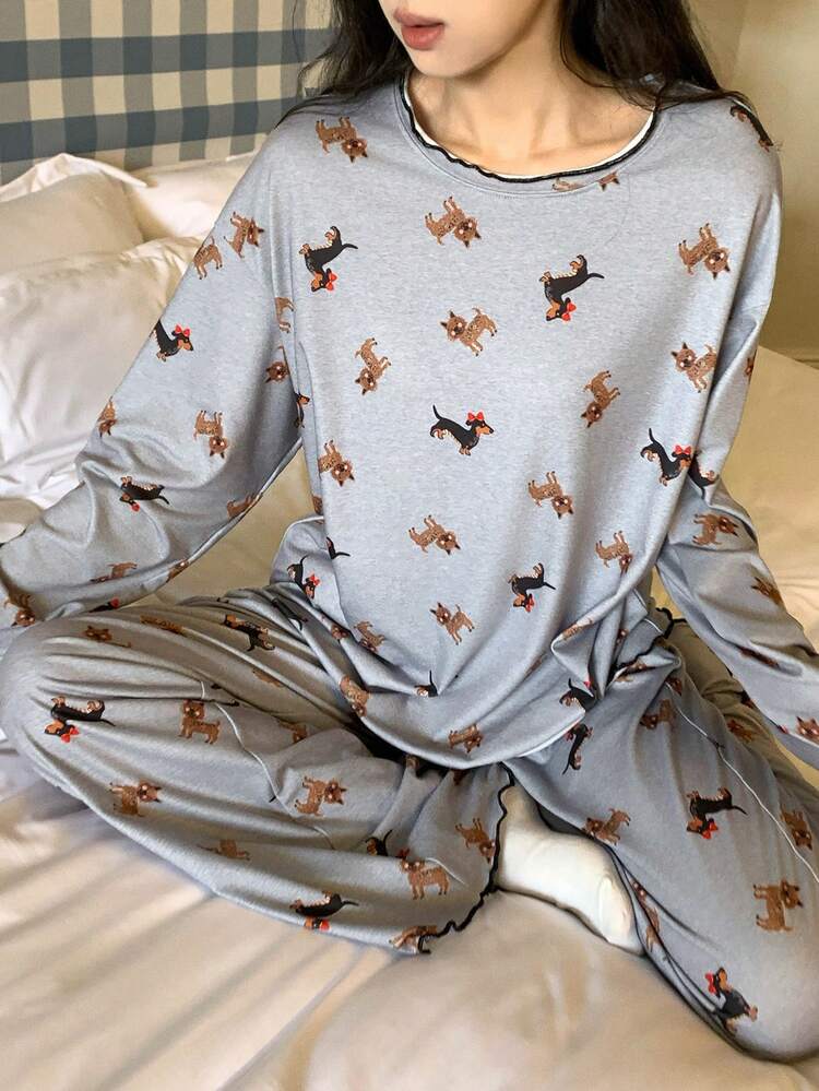 Happy Dog Print Loose Women Pajama Set