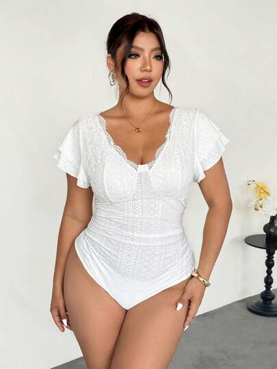 Firerie Plus Size Women V-Neck Lace Ruffle Bodysuit, Versatile Casual Wear White Bodysuit Plus Size White Swimsuit Plus Size Plus Size White One Piece Swimwear Plus Size White Lace Bodysuit Eyelet Plus Size Bodysuit