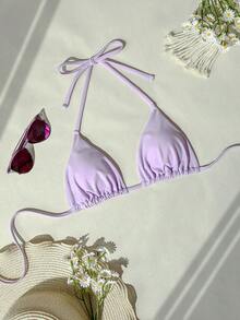 Swim Basics Top de bikini sexy de unicolor con atar al cuello para mujer - Púrpura malva - Ver 3