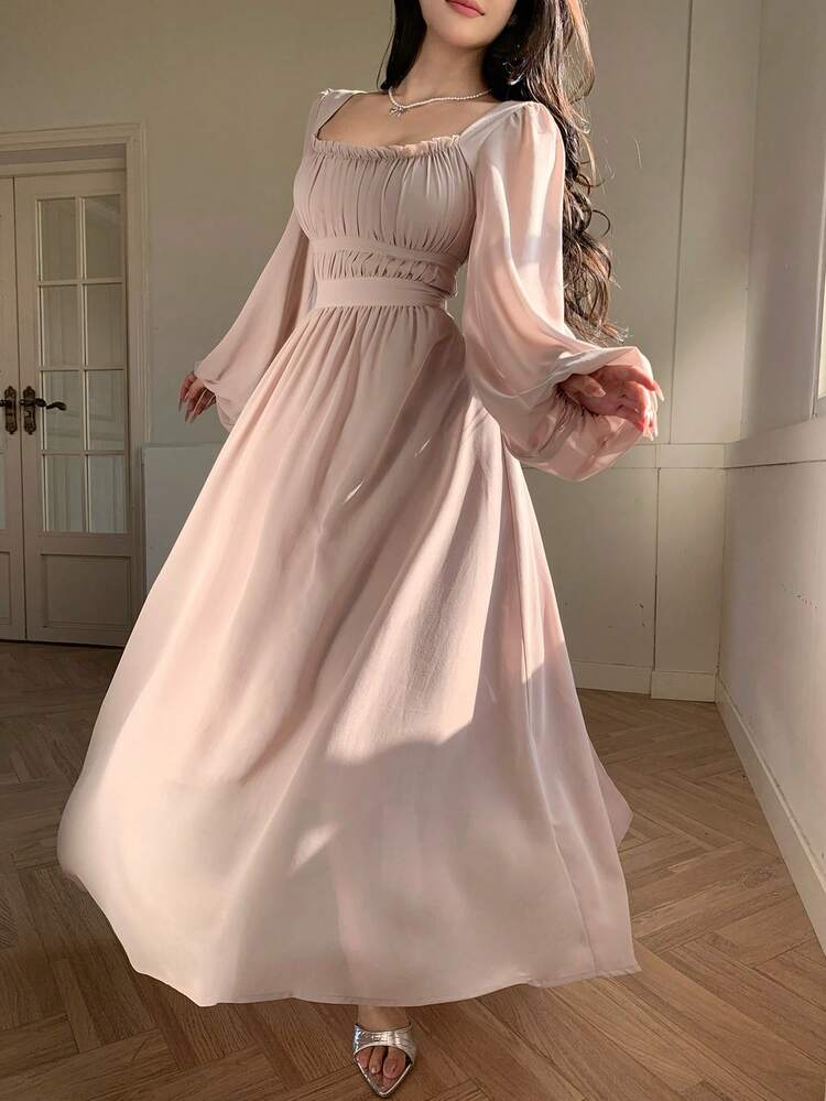 Women's Solid Color Minimalist Long Sleeve Dress, Casual Everyday Wear Dress Sundress