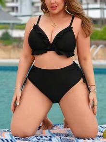 Swim Lushoire Plus Size Women's Solid Color Side Drawstring Bikini Bottom - Black - View 7