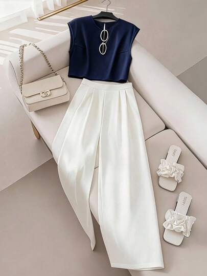 Elegant Lady Formal Occasion Sleeveless Top And Wide-Leg Pants Set, Suitable For Commuting And All Seasons, Teenage Girls