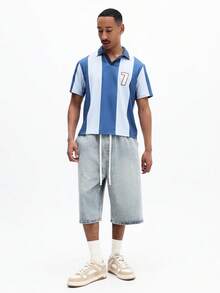 SUMWON Men Short Sleeve Slim Fit Vertical Striped Polo Shirt With Number 7 Print Chest Casual Button Down Collar Top Summer Spring Fashion - Multicolor - View 3