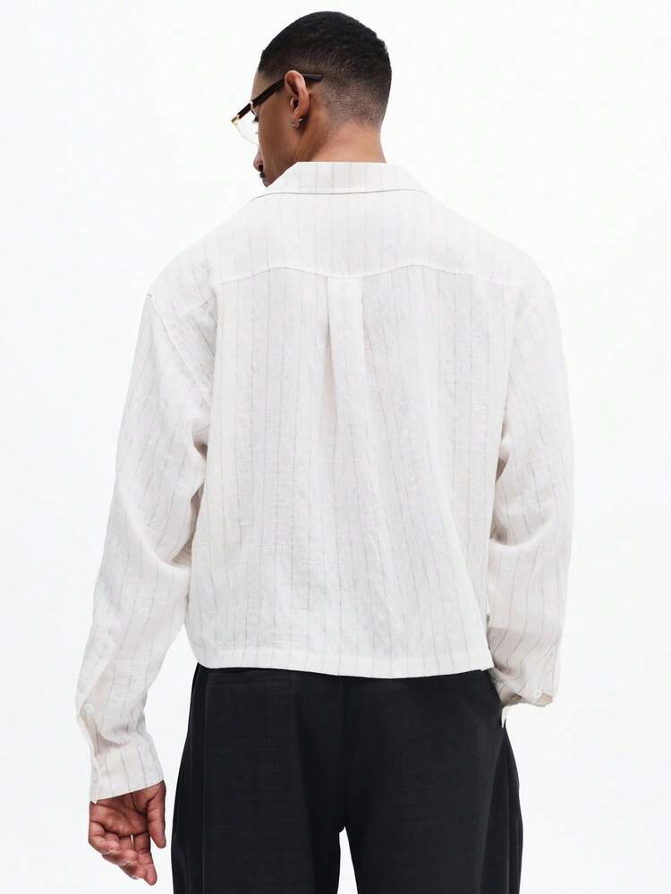 Men's Long Sleeve Crop Fit Striped Button Up Shirt With Open Collar For Spring Summer Casual Wear