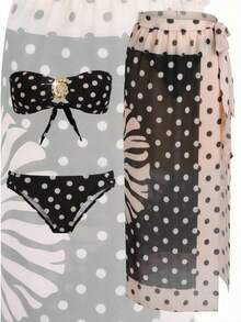 Bonvoyette 女士夏季沙滩波点印花抹胸性感比基尼套装，含罩衫和裙子 - 黑色 - 查看 2