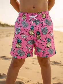 SHEIN Kids Tween Boy Pineapple Print Beach Shorts, Pink Beach Shorts, Y2K Shorts, Summer Shorts, Summer Outfits, Summer Clothes, Boys Outfit Kids Set, Suitable For Spring/Summer, Outing, Valentine's Day, Date, Travel, Family Gathering, Back To School, Wedding Season, Evening Party, Sports, Birthday Party - Multicolor - View 2