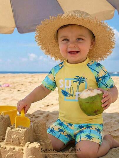 Cozy Pixies 2件套男婴撞色拼接椰树印花高弹力泳衣套装，适合海滩度假游泳