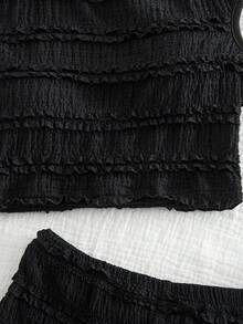 SHEIN Conjunto de 2 piezas para niña preadolescente de vacaciones primavera/verano: Top corto asimétrico de hombro de punto texturizado y shorts - Negro - Ver 6