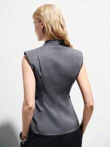 Aveloria Modichic Elegantes, bequemes Damen-Weste-Top für den Arbeitsalltag mit Stehkragen, V-Ausschnitt, breiten Schulterpolstern, tailliertem Design und ärmellos - Grau - Übersicht 2