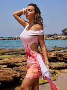 Opulessa Spring & Summer Vacation Knit Mesh Printed Asymmetrical Shoulder Fitted Mini Dress For Women - Multicolor - View 7