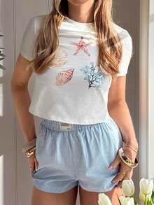 CovetEZ Women's Casual Vacation Ocean Creature Print T-Shirt And Striped Shorts 2 Pieces Set - Blue and White - View 3