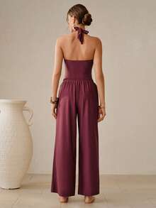 Swim Oasis 女士性感纯色垂褶领露背连体泳衣，搭配阔腿宽松直筒裤，适合夏季度假 - 酒紅色 - 查看 4