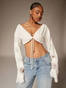 Denimoi Áo croptop tay chuông tua rua, trang phục dự lễ hội, trang phục đi xem hòa nhạc, trang phục đi nghỉ mát, áo gợi cảm. - Màu be - Xem 5