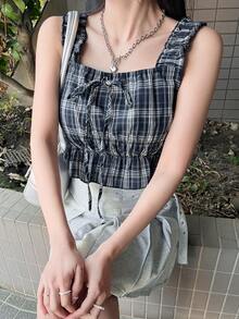 FRIFUL 女士全格纹紧身吊带背心，正面系带，夏季款 - 藍色 - 查看 4