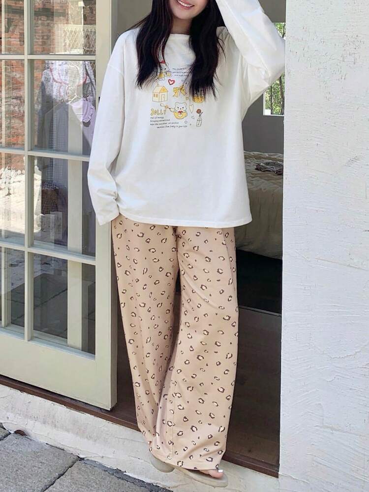Dazy Plus 2pcs Cartoon Bear Print Top & Leopard Print Pajama Pants Set, Cute Plus Size Women Sleepwear