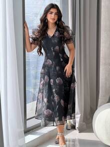 Modelyn 女士优雅通勤印花花瓣袖连衣裙 - 彩色 - 查看 7