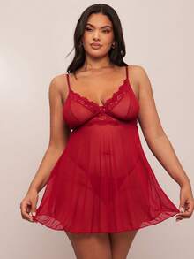 SHEIN BAE 2 件大码性感蕾丝拼布内衣套装 - 酒紅色 - 查看 5