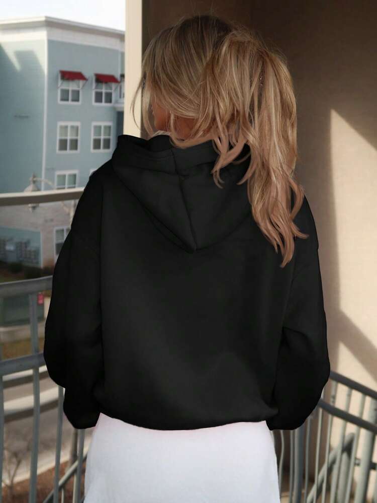 Sydney Algeri Black Casual Minimal Print Hooded Long Sleeve Loose Fit Thick Sweatshirt For Women, Spring/Autumn And Winter Hoodie - Black - View 2