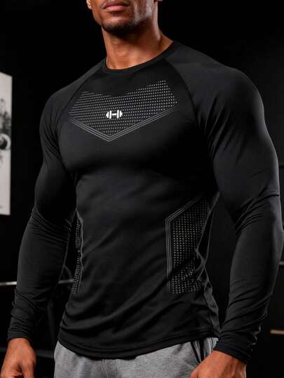 Manfinity Sport PWRUP 男士春秋季杠铃波点印花插肩长袖压缩运动T恤，适合健身、跑步、骑行