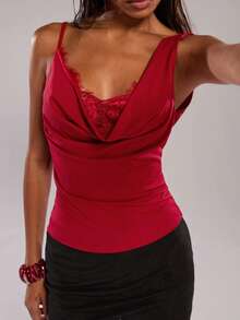 SHEIN BAE 樱桃红性感蕾丝拼接吊带背心/细肩带吊带衫/休闲上衣/音乐节上衣/派对上衣/外出上衣/约会上衣/夏季上衣 - 紅色 - 查看 7