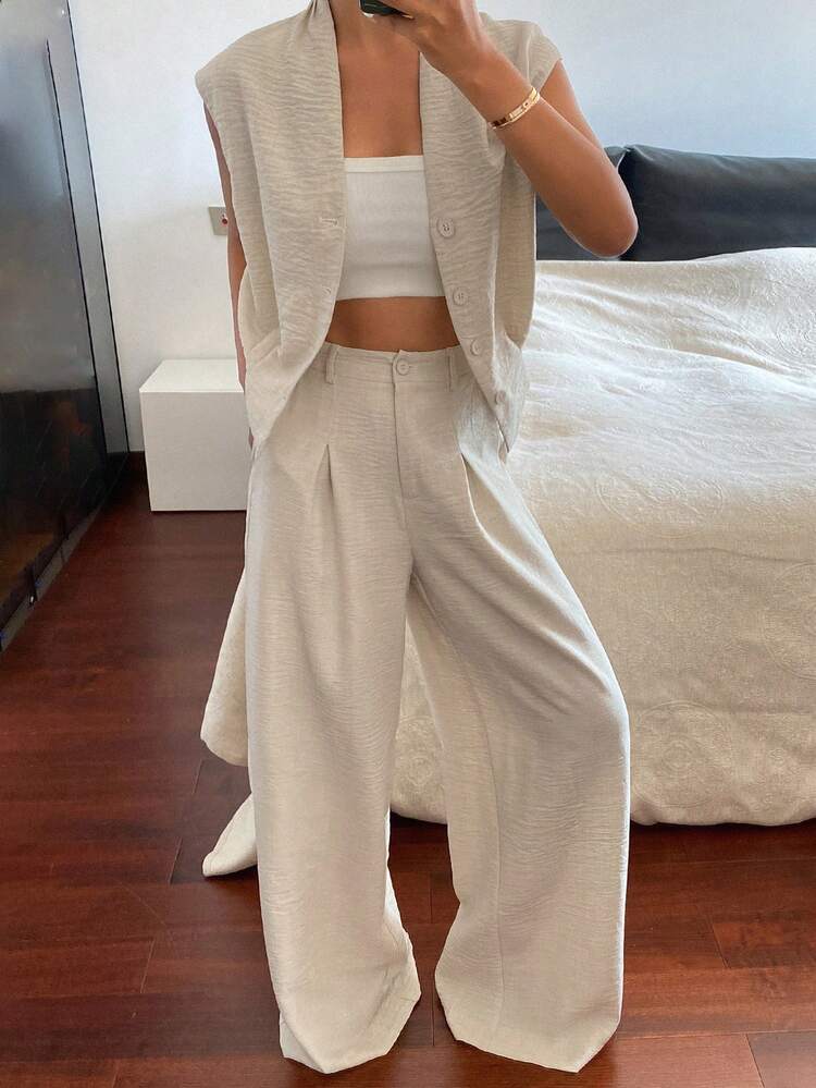Women's V-Neck Sleeveless Cardigan And Loose Wide-Leg Pants 2 Pieces Casual Set