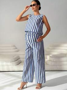 MaterniWear 两件套孕妇条纹圆领背心和抽绳腰裤休闲套装 - 藍白色 - 查看 6