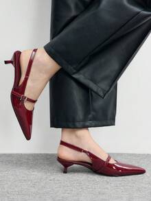 CUCCOO BIZCHIC 女士新款尖头漆皮酒红色后带露趾搭扣高跟凉鞋，通勤日常百搭 - 酒紅色 - 查看 4