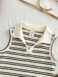 LMoss Kids Young Girl Striped Knit Collared Casual Tank Top - Apricot - View 6