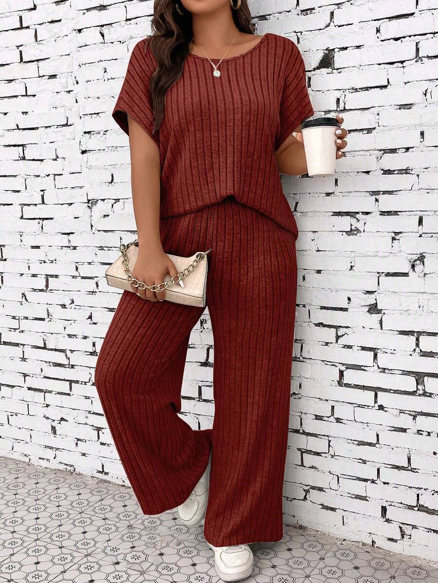 EMERY ROSE Women's Round Neck Striped Short Sleeve Top And Wide Leg Pants Casual 2 Pieces Set - Burgundy - View 1
