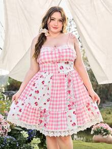 Sweetness Đầm dáng rộng, dễ thương kiểu đồng quê, họa tiết dâu tây kẻ caro, cạp cao, thích hợp cho kỳ nghỉ xuân/hè. - Hồng - Xem 6