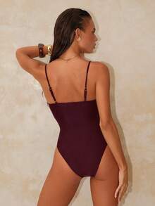 SHEIN Swim 纯色优雅性感吊带连体泳衣（女款） - 紅色 - 查看 2