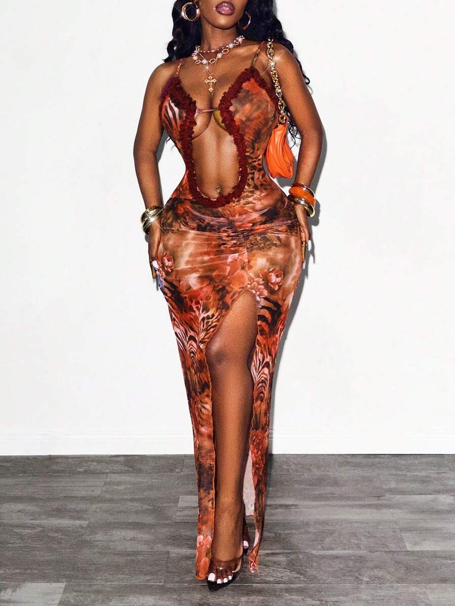 Glyssa 女士夏季新款性感透视沙滩度假连衣裙，网纱豹纹荷叶边下摆，吊带修身高开衩连衣裙 - 紅色 - 查看 1