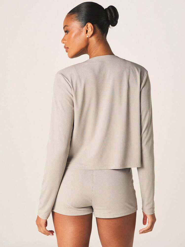 MISSGUIDED Ribbed Cardigan And Shorts Two Piece Lounge Set With Button Front Long Sleeve Crop Top