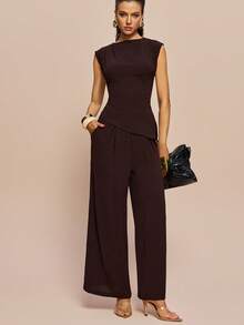 Olia Maree Olia Maree 2件套 女士纯色纹理褶皱圆领无袖上衣 - 棕色 - 查看 6