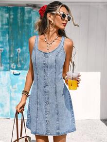 Vivid Eden Women's Light Blue Denim Dress,Summer Casual Vacation Holiday Washed Front Button Jean Dress,Sleeveless A-Line Elegant Party Beach Sun Dress Outfits - Light Wash - View 8